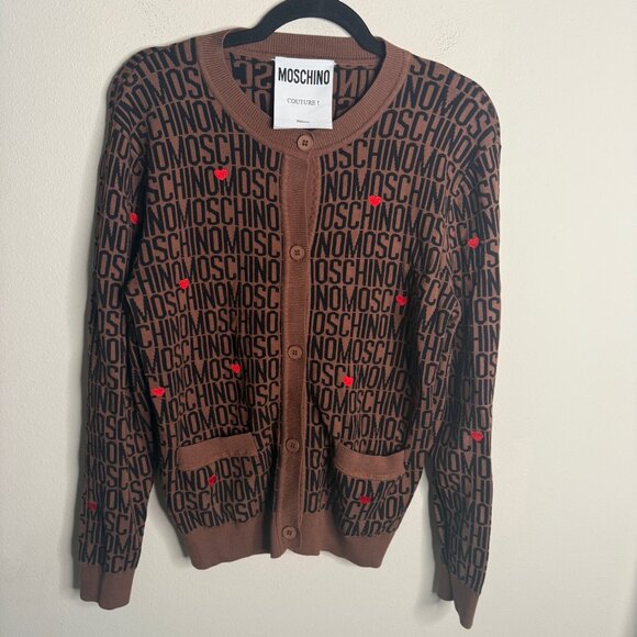 Moschino Couture Women's Brown Logo and Heart Print Cardigan - Size M medium - Picture 1 of 5